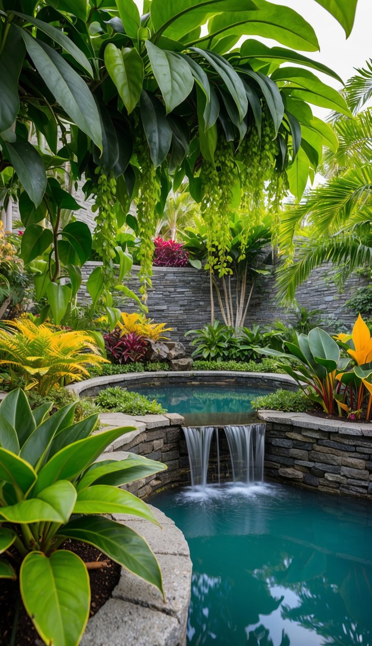 Lush philodendron leaves cascade over a stone wall, surrounding a tranquil pond with vibrant tropical landscaping