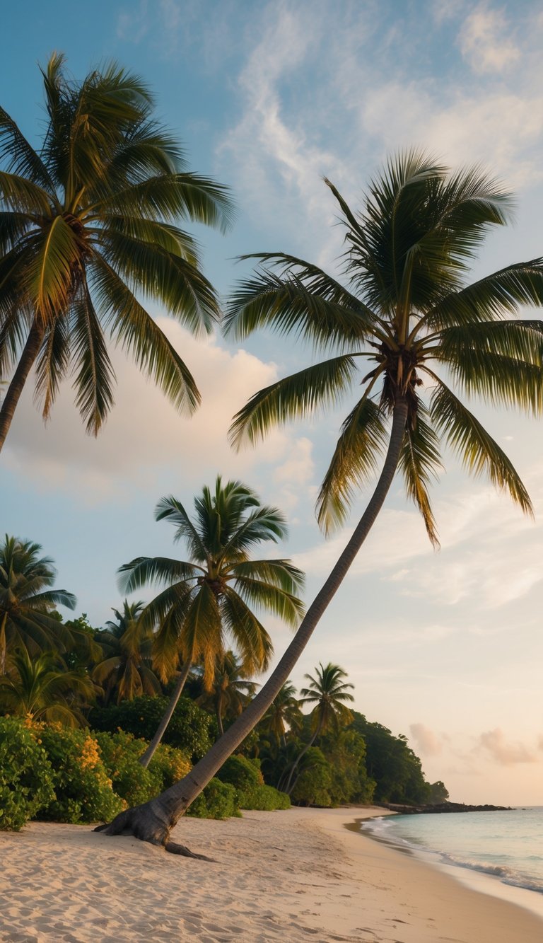 A serene beach setting with a vibrant, lush tropical landscape featuring a variety of coconut palm trees and other exotic flora