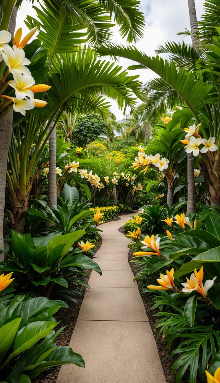 A lush tropical garden filled with vibrant frangipani flowers, winding pathways, and exotic foliage. The air is filled with the sweet, intoxicating fragrance of the blossoms