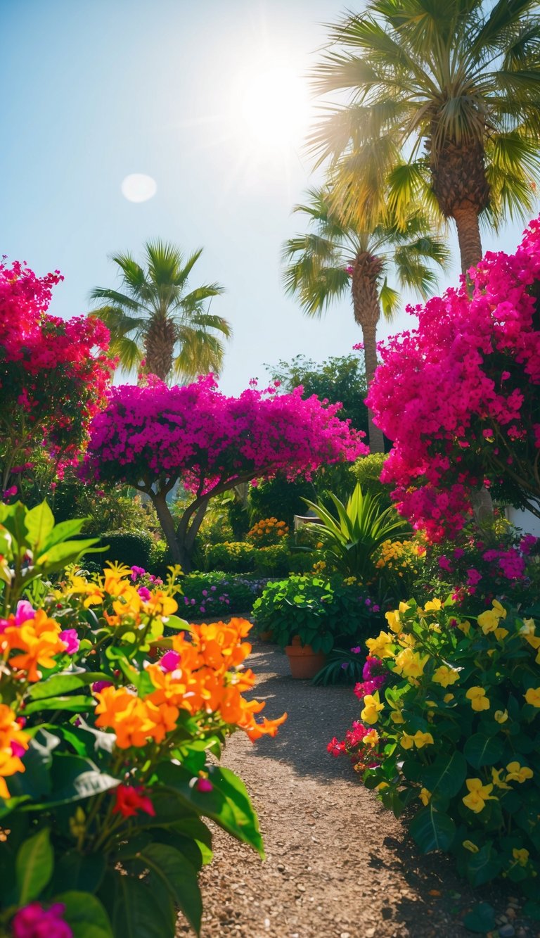 A vibrant garden bursting with bougainvillea, palm trees, and colorful tropical flowers under a bright sun