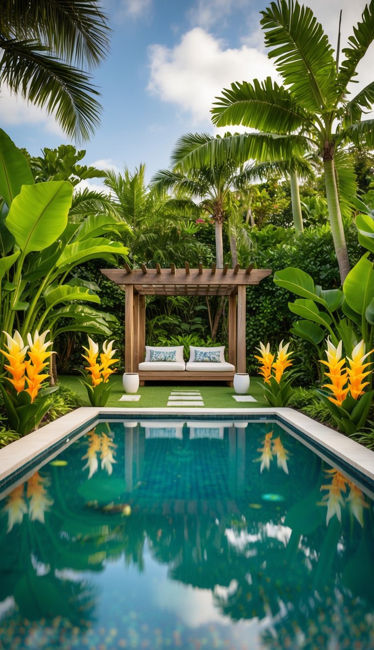 Lush greenery surrounds a tranquil pool, with vibrant heliconia flowers and palm trees creating a tropical oasis. A wooden pergola provides a shady retreat