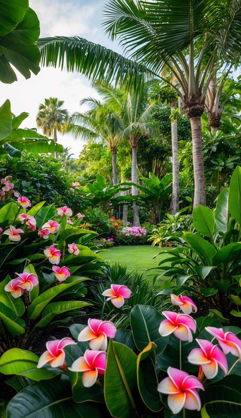 A lush tropical garden filled with vibrant plumeria flowers, palm trees, and exotic foliage creating a peaceful and serene atmosphere