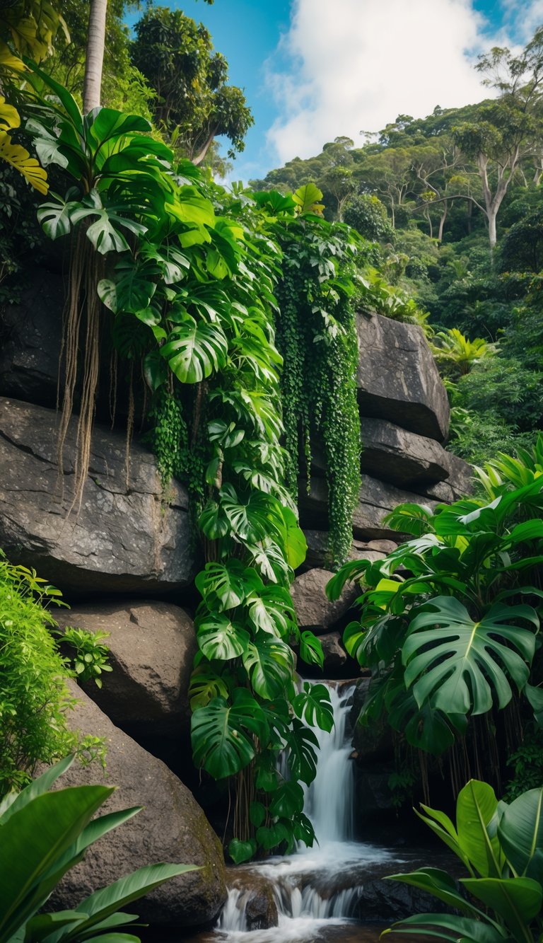 A lush jungle of monstera plants cascading over rocks and trees, creating a majestic tropical landscape