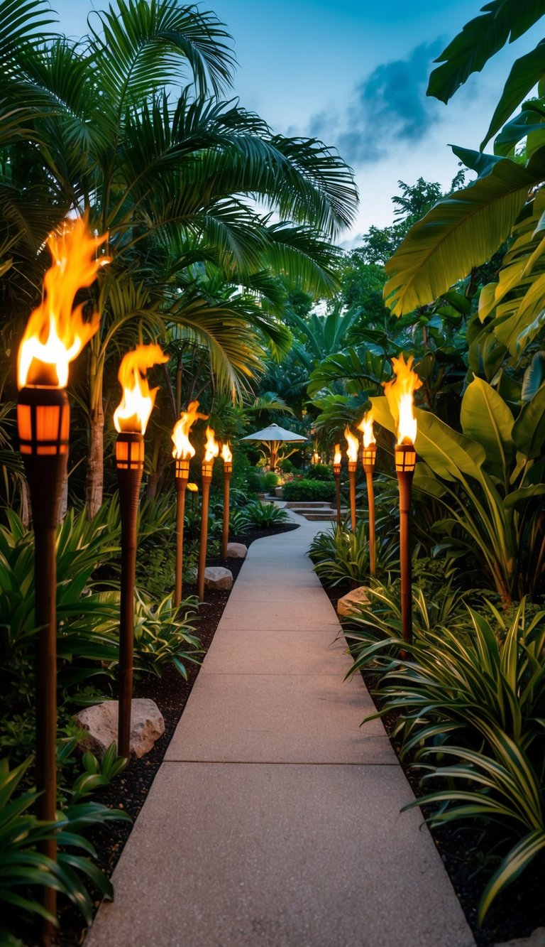 A winding pathway lined with tiki torches and lush tropical plants, leading to a secluded garden oasis