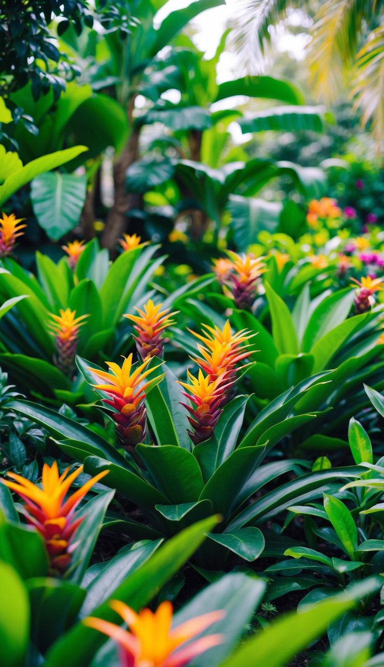 A lush tropical garden with vibrant bromeliads bursting with color, surrounded by lush green foliage and exotic flowers