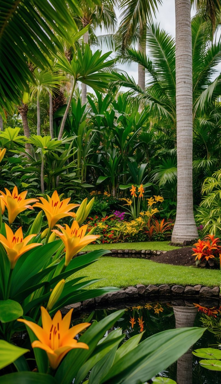 A lush tropical garden with vibrant ginger lilies, palm trees, and colorful exotic flowers. A serene pond reflects the lush greenery