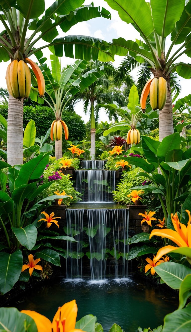 A lush tropical garden with vibrant papaya trees, exotic flowers, and cascading water features