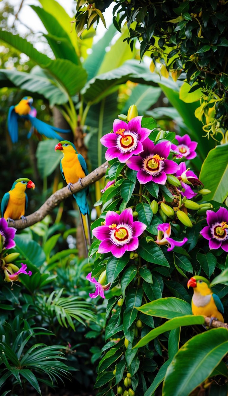 A lush tropical garden bursting with vibrant passion flowers in full bloom, surrounded by exotic foliage and colorful birds