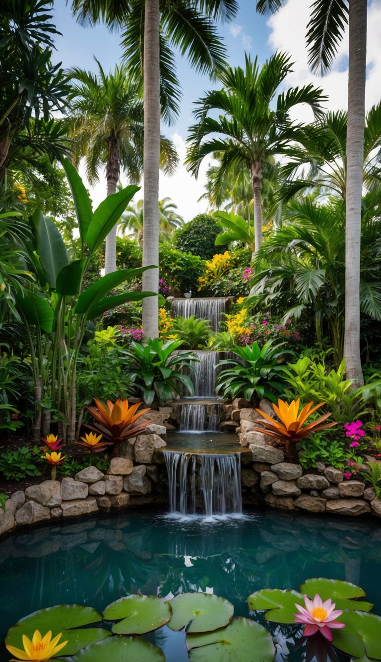 A lush tropical garden with palm trees, colorful flowers, and exotic foliage. A serene pond with water lilies and a cascading waterfall completes the scene