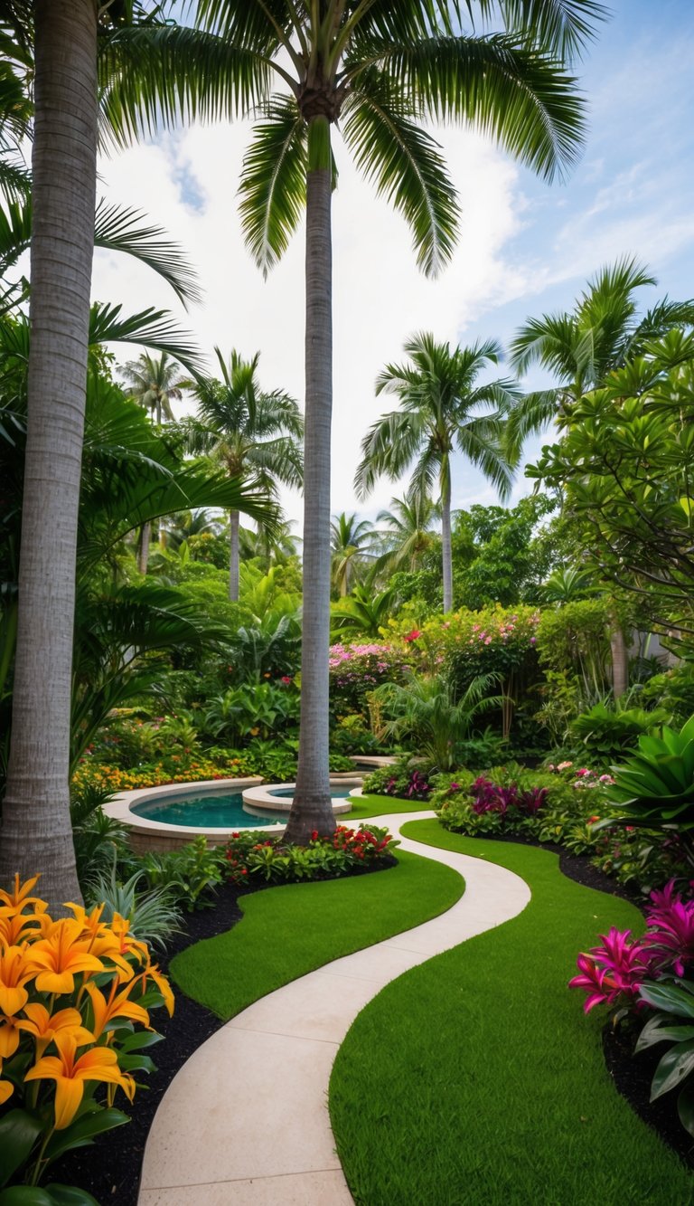 A lush tropical garden with vibrant flowers, towering palm trees, and winding paths leading to hidden nooks and water features