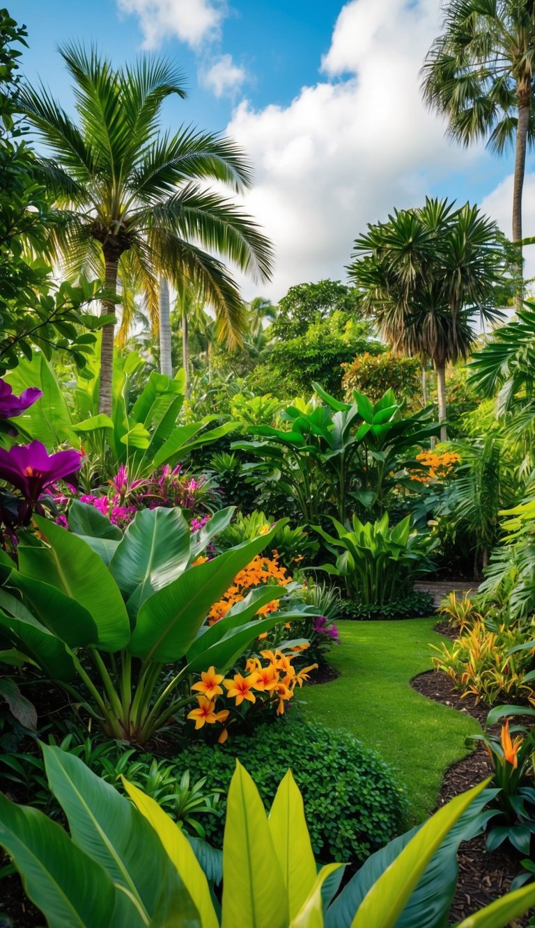 A lush tropical garden with a variety of vibrant plants, including palm trees, exotic flowers, and lush green foliage, creating a colorful and inviting landscape