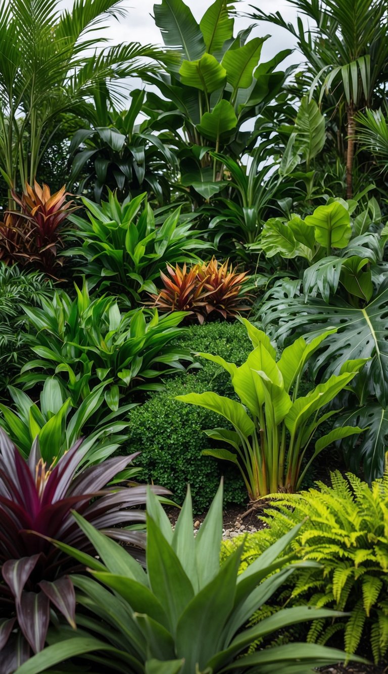 Lush, vibrant tropical plants arranged in a harmonious and balanced composition, with a variety of textures and heights creating a visually appealing landscape