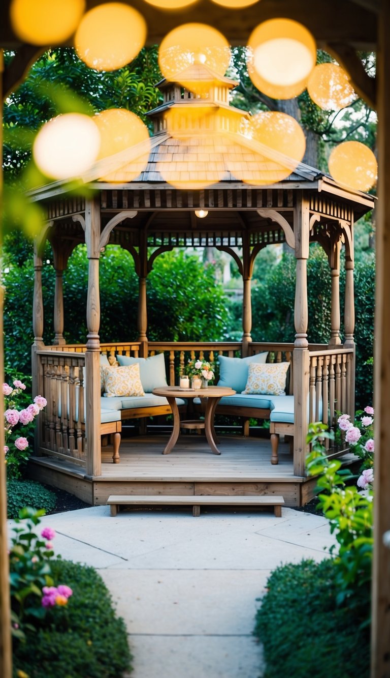 A vintage-inspired wooden gazebo surrounded by lush greenery and blooming flowers, with a cozy seating area and soft lighting creating a warm and inviting atmosphere