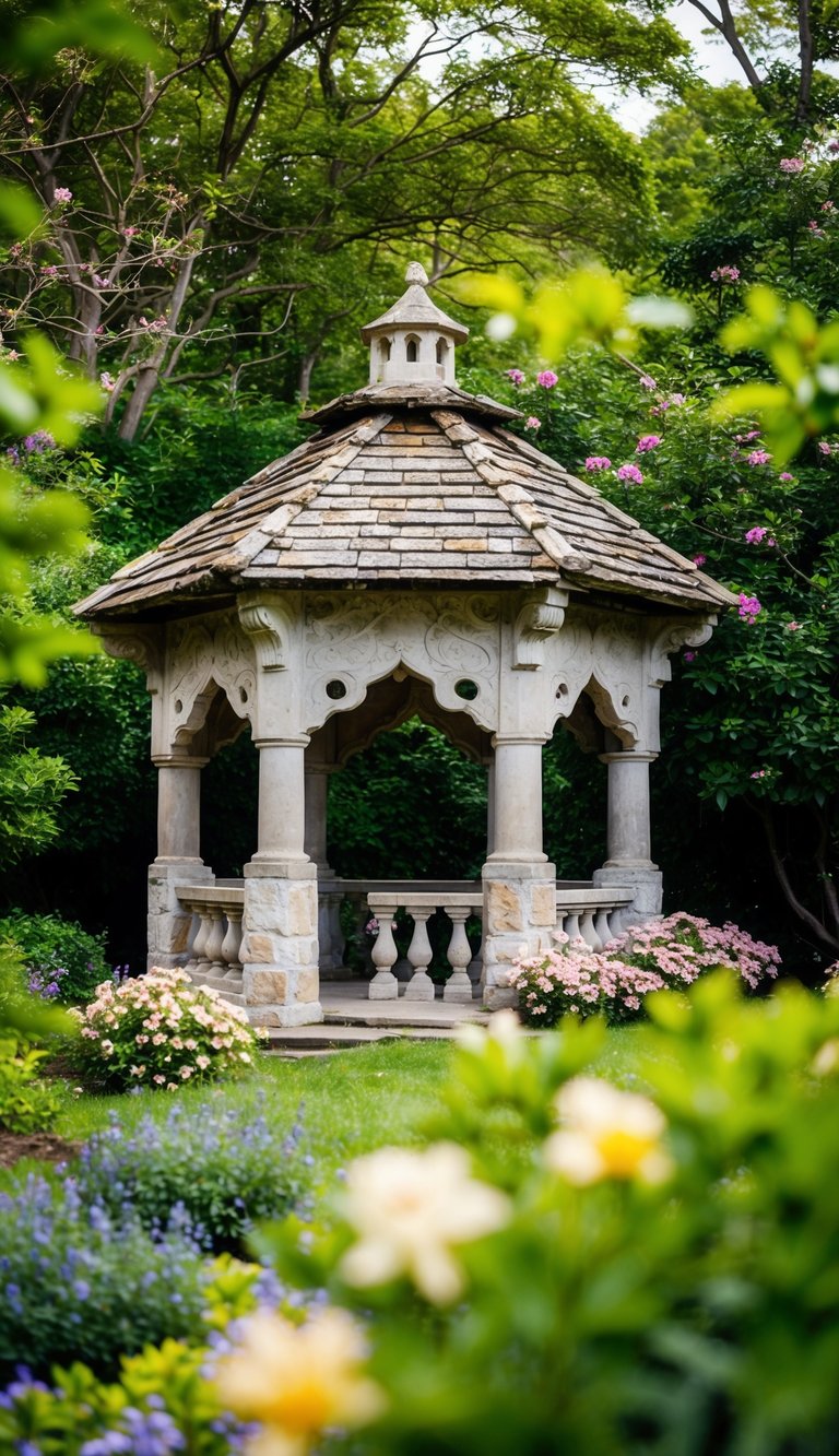 A rustic stone gazebo nestled among lush greenery and blooming flowers, with a charming design featuring intricate carvings and a sturdy, weathered roof