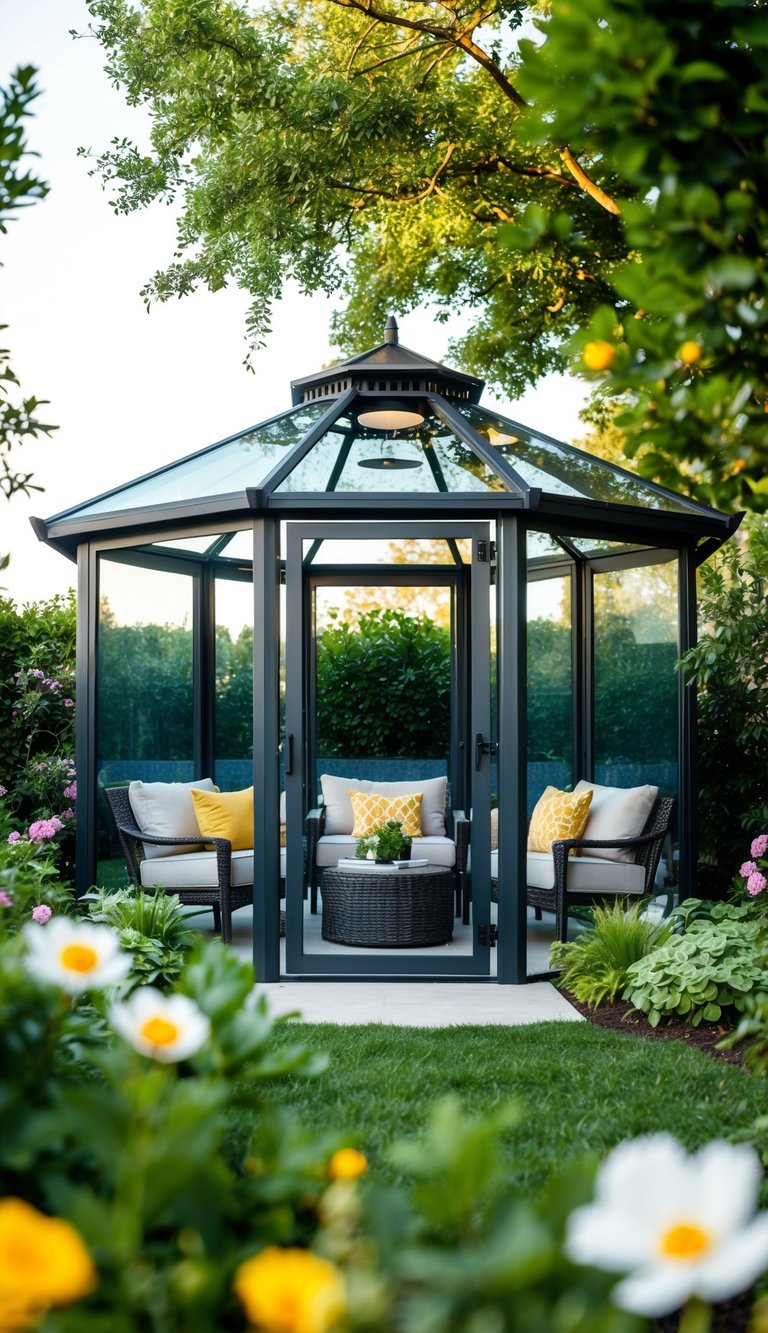 A modern glass panel gazebo surrounded by lush greenery and flowers, with comfortable seating and soft lighting for a cozy outdoor retreat