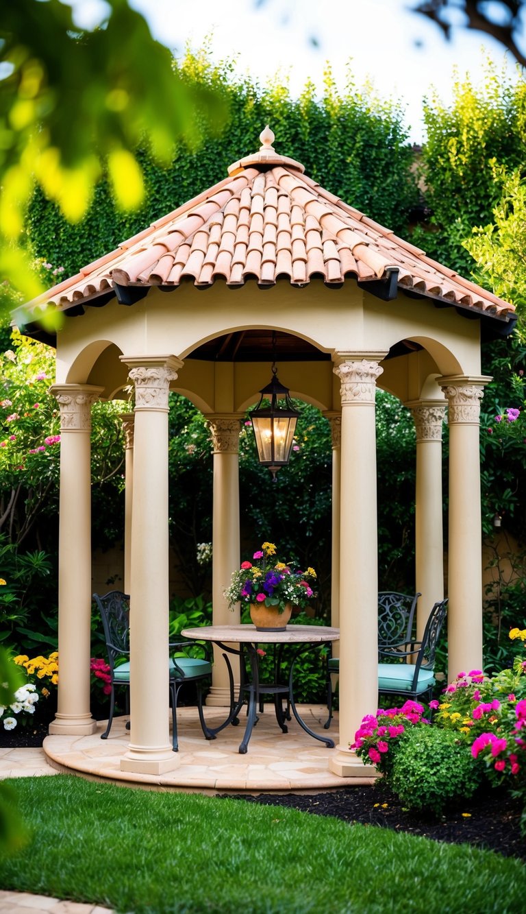 A Mediterranean-style gazebo stands in a lush backyard, surrounded by vibrant flowers and greenery, with a tiled roof and ornate columns