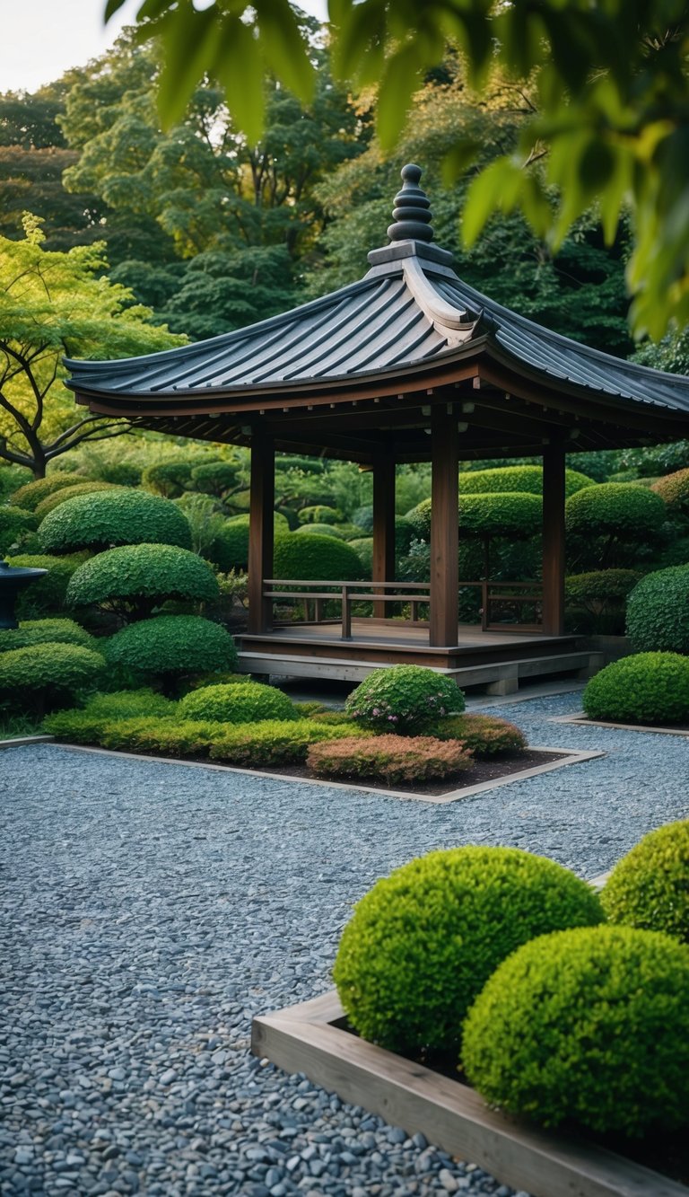 A serene Japanese Zen garden with a traditional wooden gazebo surrounded by carefully raked gravel and lush greenery