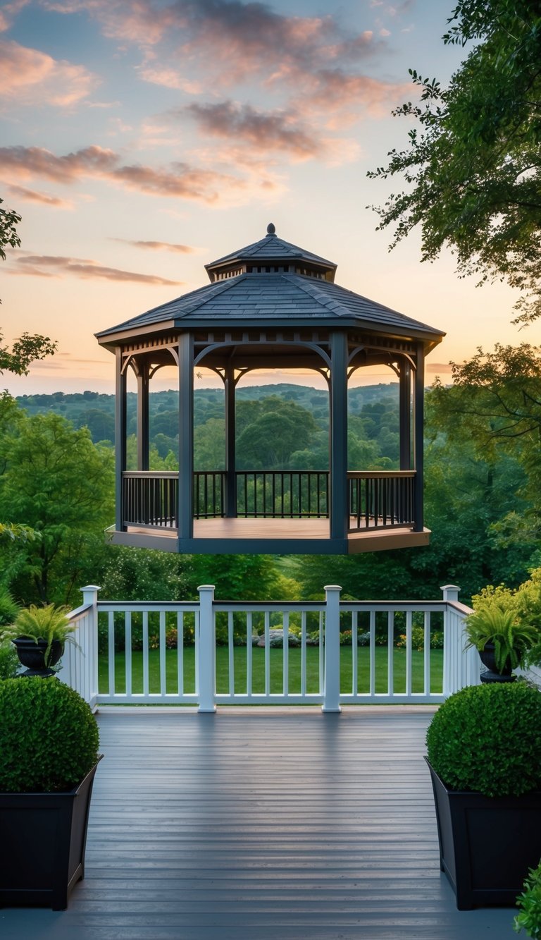 A floating gazebo hovers above a serene backyard deck, surrounded by lush greenery and overlooking a stunning view of the landscape