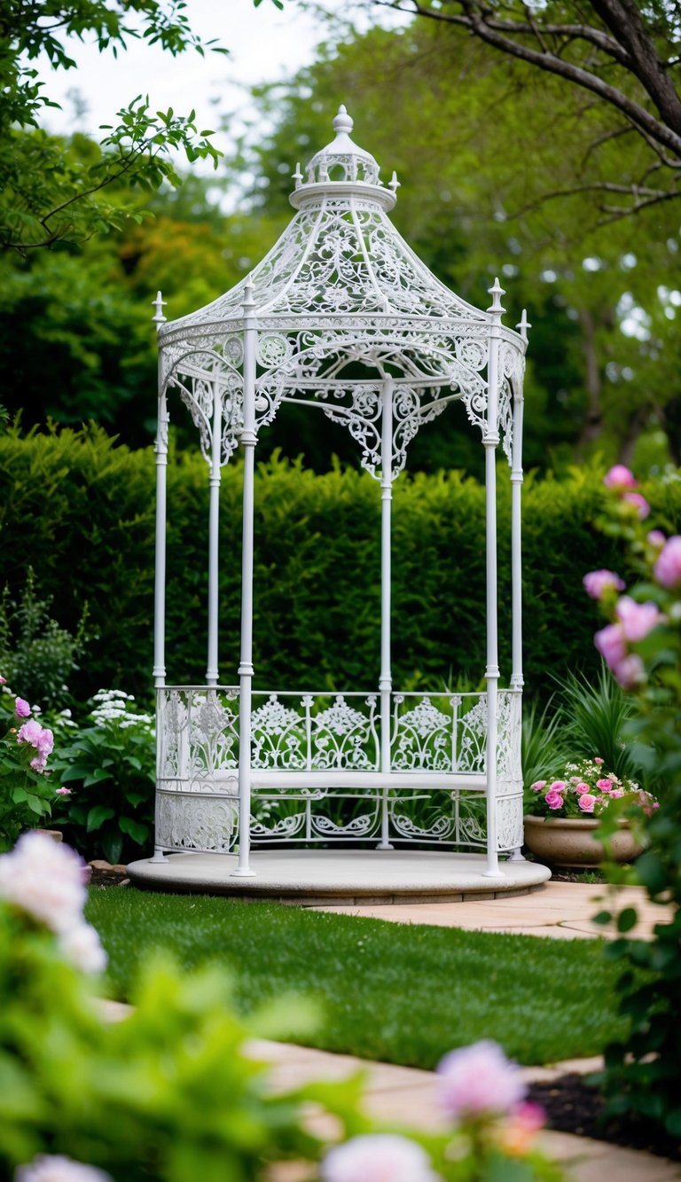 A Victorian lace iron gazebo stands in a lush backyard garden, surrounded by blooming flowers and greenery. The intricate design of the gazebo adds a touch of elegance to the outdoor space