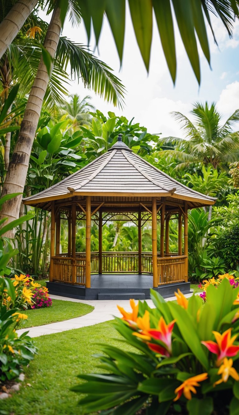 A serene tropical bamboo gazebo surrounded by lush greenery and colorful flowers