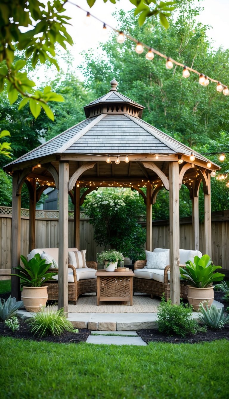 A rustic farmhouse chic gazebo nestled in a lush backyard garden, adorned with twinkling string lights and cozy seating for a serene outdoor retreat