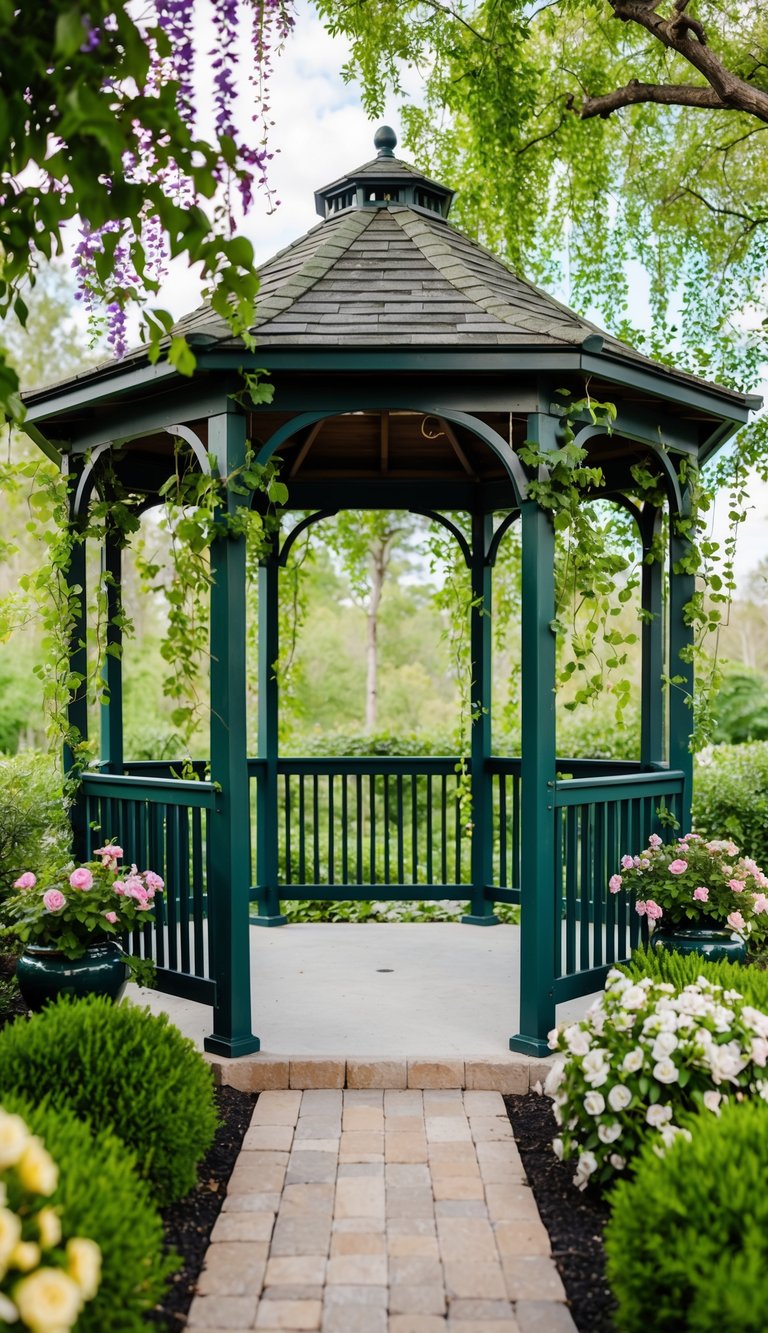 A pergola-inspired gazebo nestled among lush greenery, adorned with hanging vines and surrounded by blooming flowers