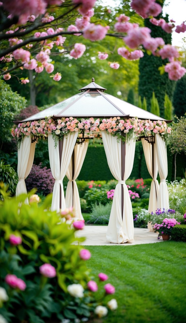 A floral canopy gazebo in a lush backyard, surrounded by blooming flowers and greenery