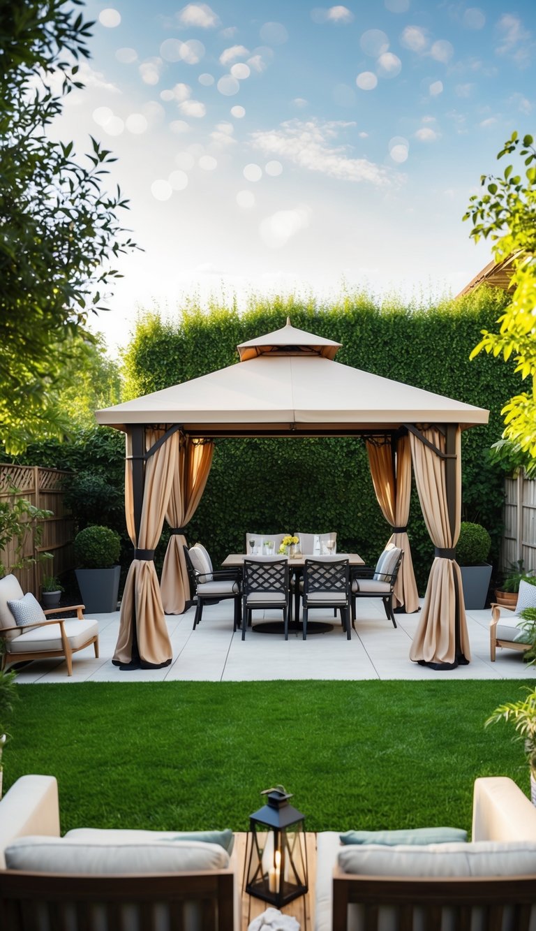 A spacious backyard with a stylish gazebo set up for a barbecue, surrounded by lush greenery and comfortable seating