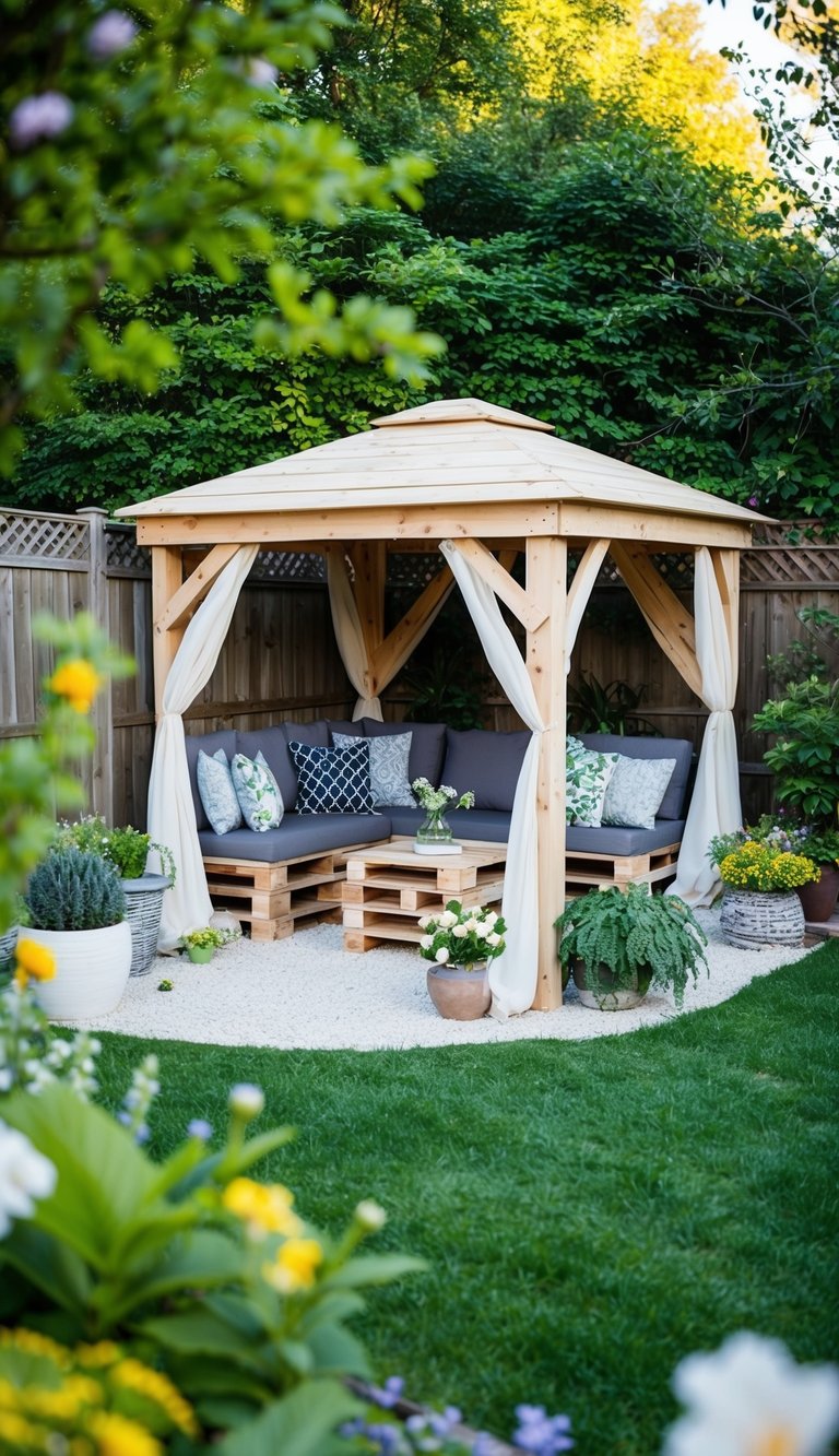 A backyard filled with a DIY pallet gazebo surrounded by lush greenery and blooming flowers, creating a cozy and inviting outdoor space