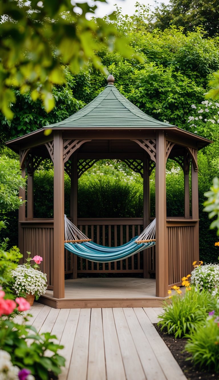 A cozy gazebo with a hammock surrounded by lush greenery and flowers