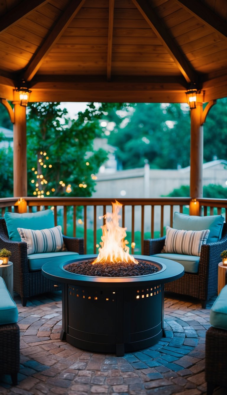 A cozy fire pit sits in the center of a gazebo, surrounded by comfortable seating and soft lighting, creating a warm and inviting backyard retreat