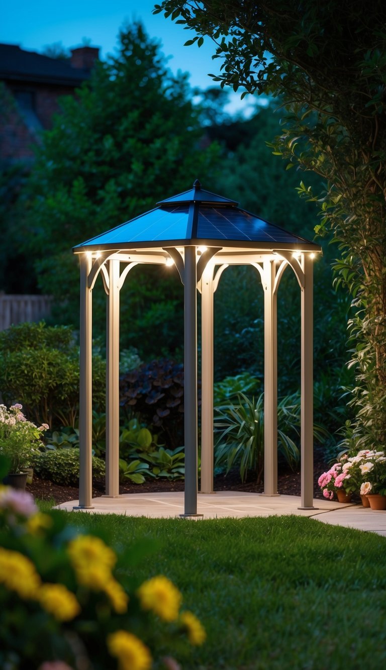 A solar-powered light gazebo stands in a lush backyard, surrounded by greenery and flowers. The soft glow of the lights illuminates the space, creating a cozy and inviting atmosphere