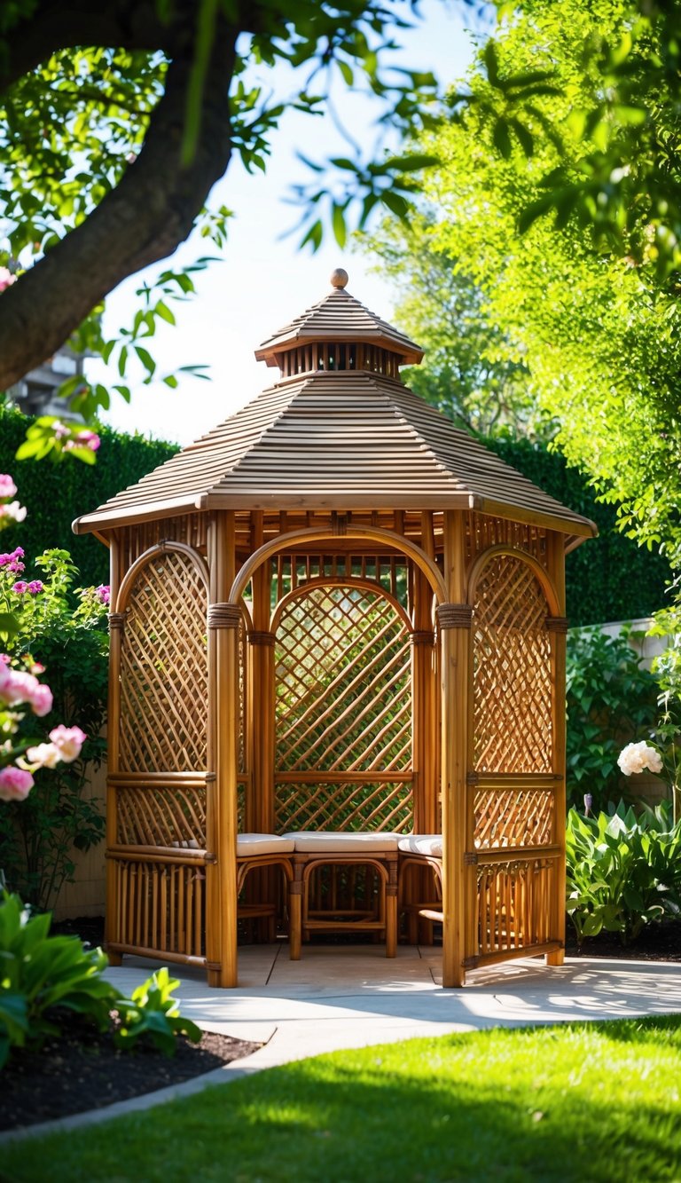 A rattan-style gazebo sits in a lush backyard garden, surrounded by blooming flowers and greenery. The sun shines down, casting dappled shadows on the intricate lattice design