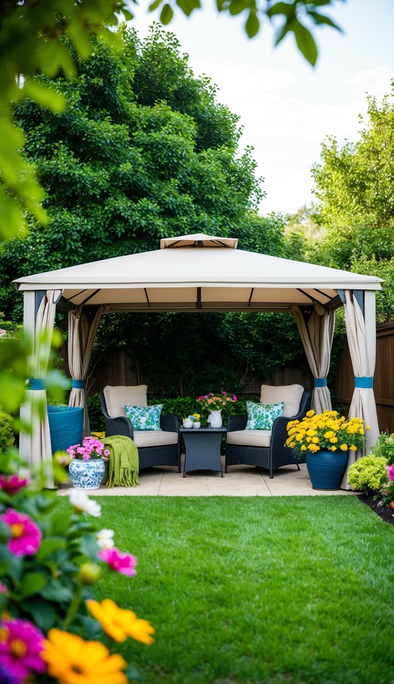 A backyard with a retractable awning gazebo surrounded by lush greenery and colorful flowers, creating a cozy and inviting outdoor space