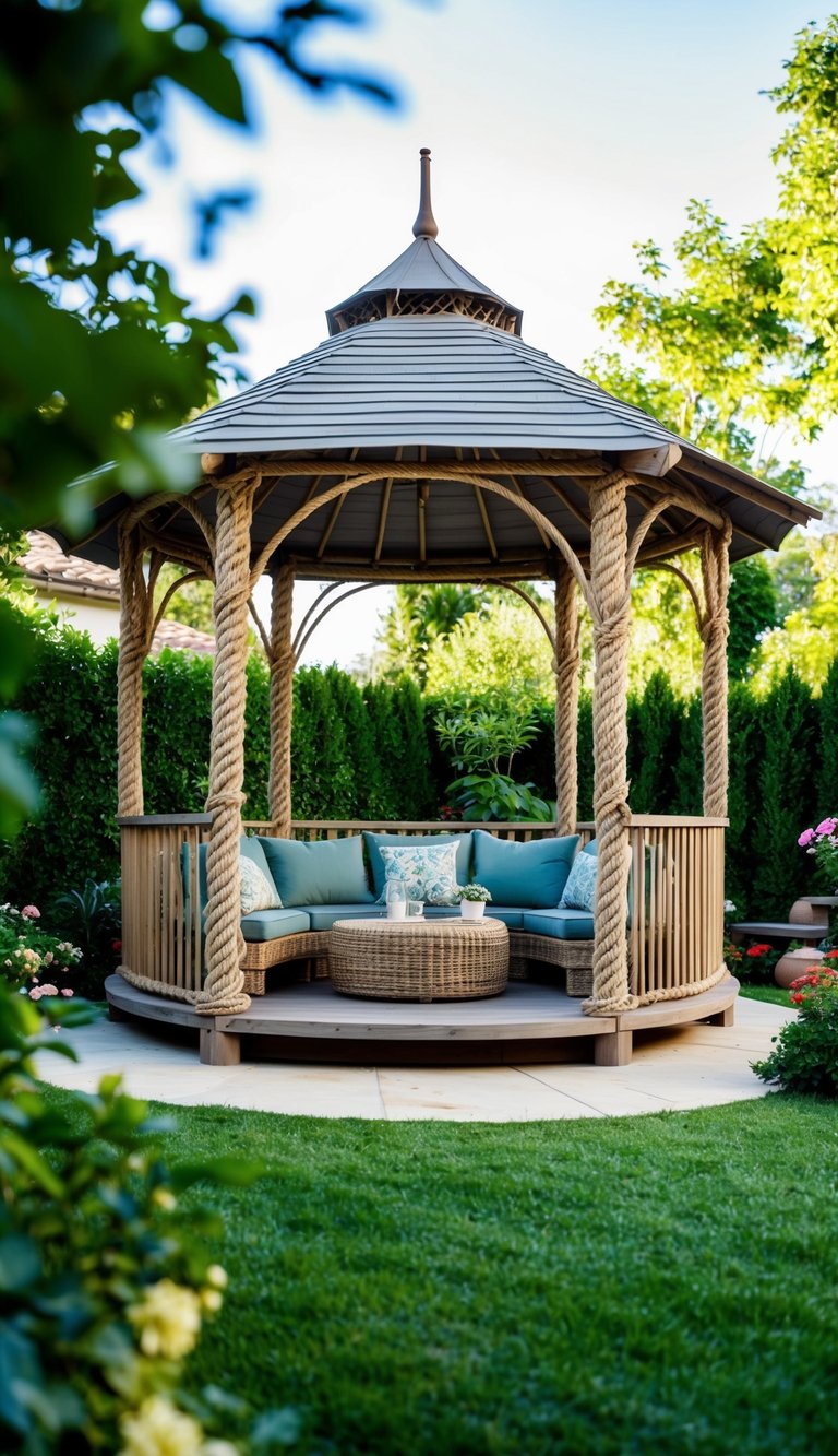 A sailing rope-based gazebo stands in a lush backyard, surrounded by greenery and flowers, with a cozy seating area underneath