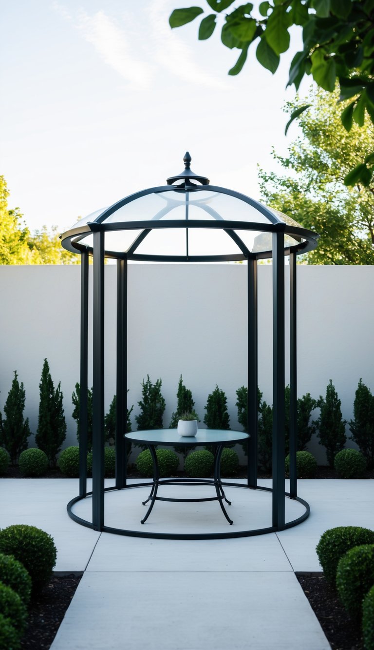 A sleek metal frame gazebo stands in a minimalist backyard, surrounded by carefully manicured greenery