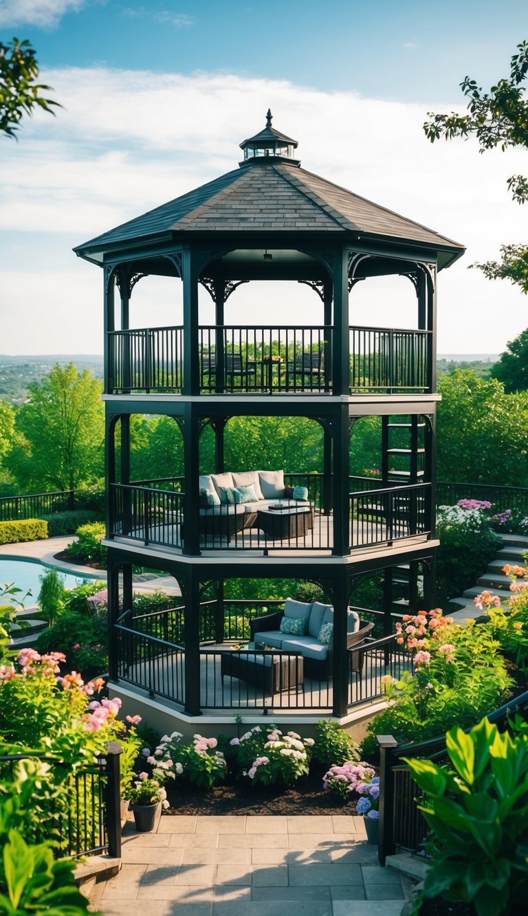 A multi-level terrace gazebo surrounded by lush greenery and blooming flowers, with comfortable seating and a view of the surrounding landscape