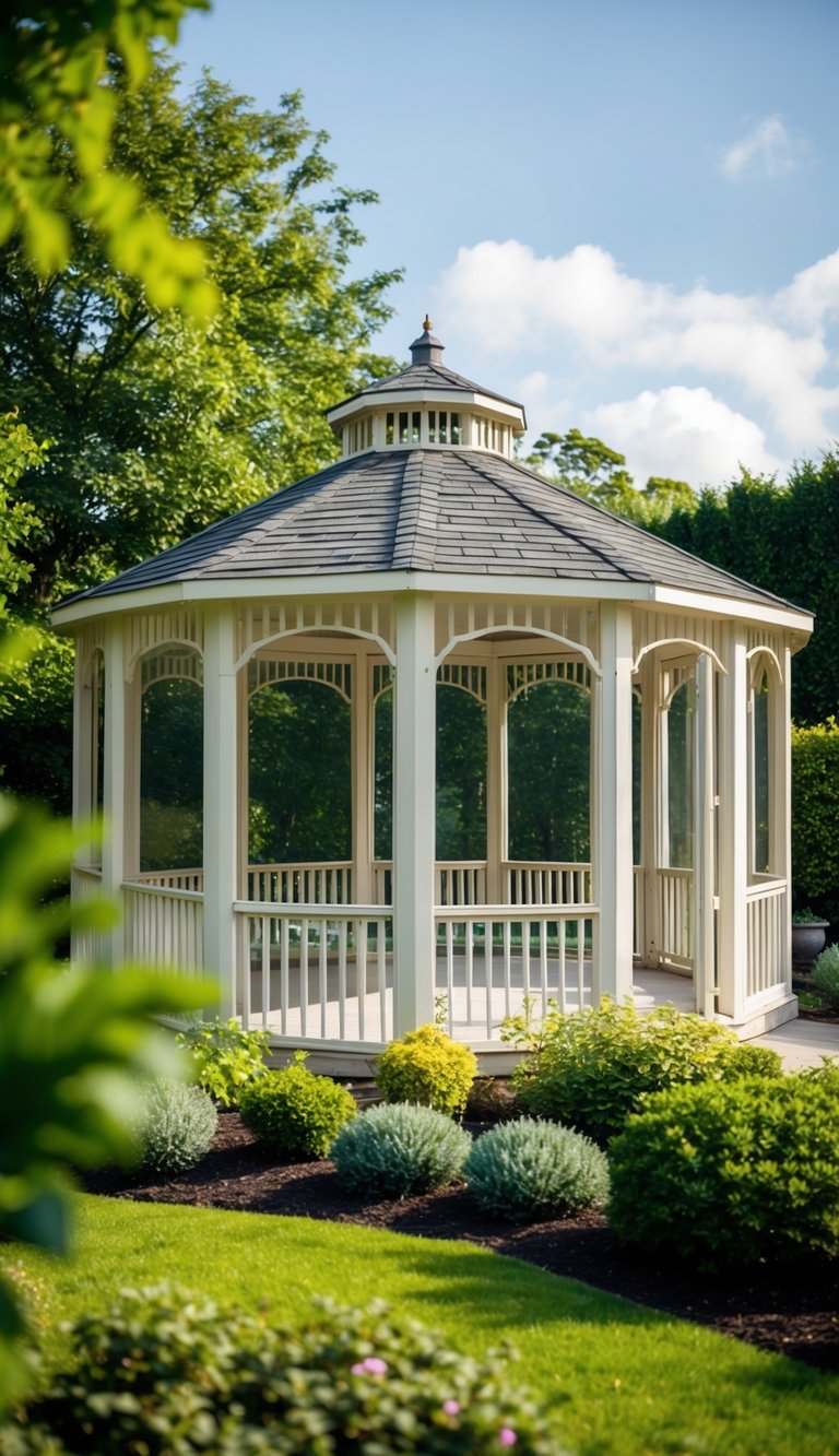 A spacious, octagonal gazebo with large windows, nestled in a lush backyard garden