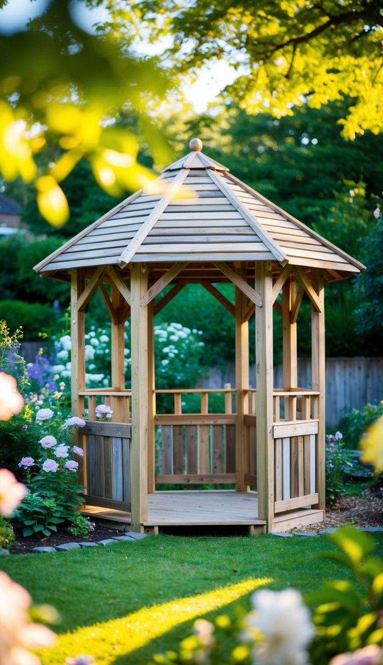 A rustic, eco-friendly gazebo made from reclaimed wood stands in a lush backyard garden, surrounded by blooming flowers and greenery