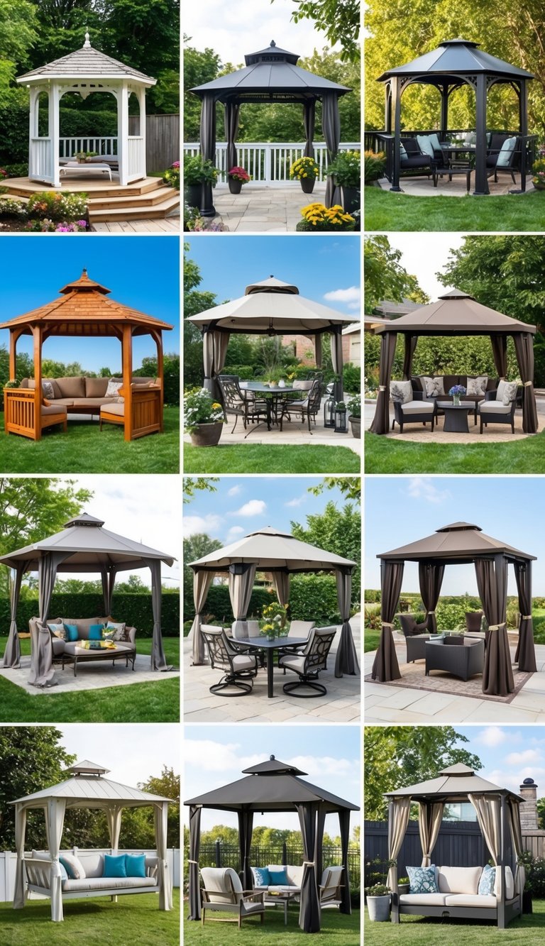 A variety of gazebo types arranged in a backyard setting, showcasing 23 different ideas for outdoor structures