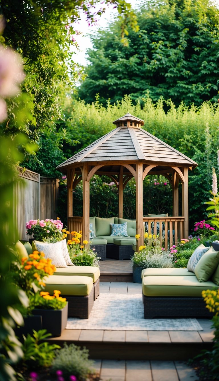 A lush backyard with a wooden gazebo nestled among vibrant flowers and greenery, surrounded by cozy seating and soft lighting