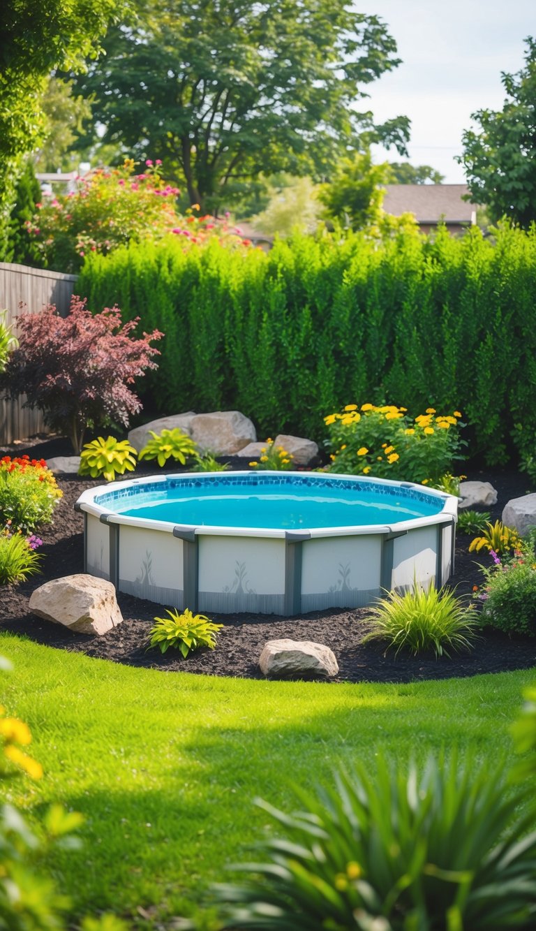 A backyard with a small above-ground pool surrounded by lush green landscaping, including colorful flowers, shrubs, and decorative rocks