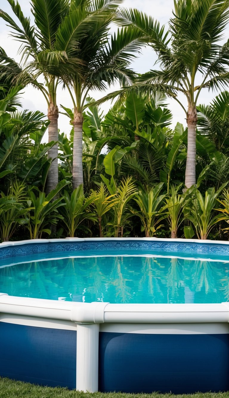 A lush tropical palm border surrounds a sparkling above ground pool, creating a serene and inviting oasis