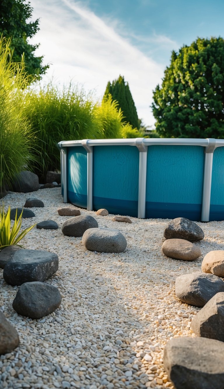 A serene Zen rock garden surrounds an above ground pool, with carefully arranged stones and raked gravel creating a peaceful and harmonious landscape