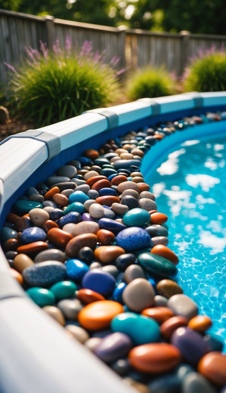 Vibrant pebbles surround an above ground pool, creating a colorful and textured landscape