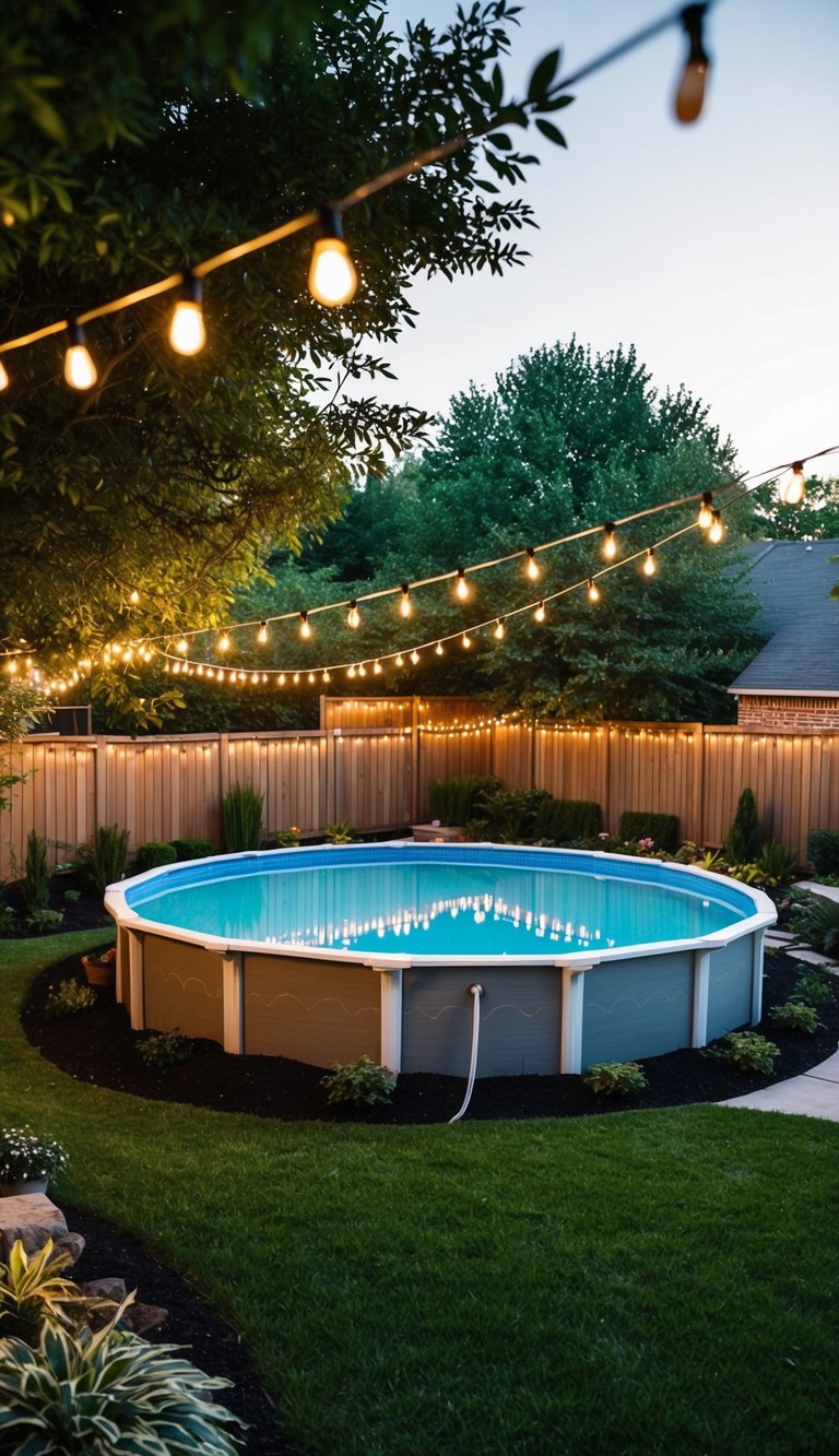 A backyard with an above ground pool surrounded by string lights and lush landscaping