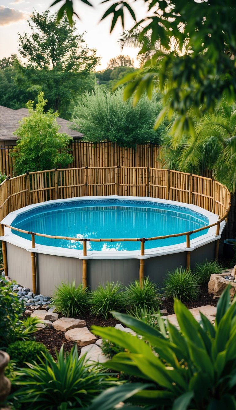 A serene backyard oasis with an above-ground pool surrounded by bamboo fencing, lush greenery, and decorative landscaping features