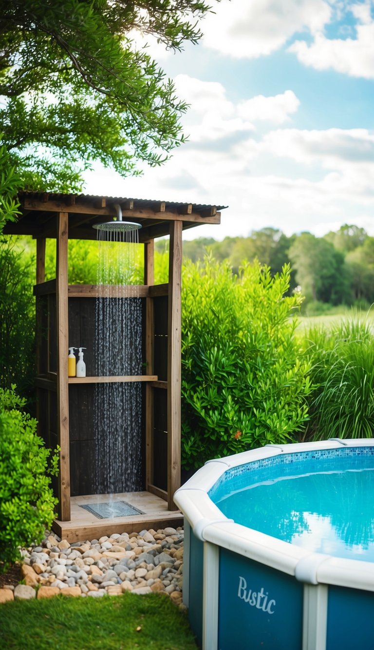 A rustic outdoor shower area nestled among lush greenery next to a sparkling above ground pool