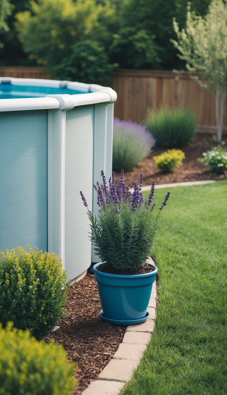 A backyard with a potted lavender plant next to an above-ground pool surrounded by landscaping