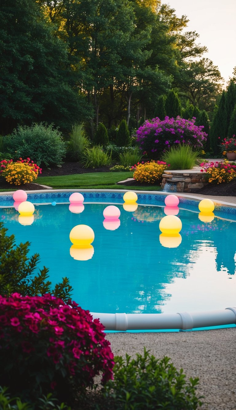 Colorful floating pool lights illuminate a serene above ground pool surrounded by lush landscaping and vibrant flowers